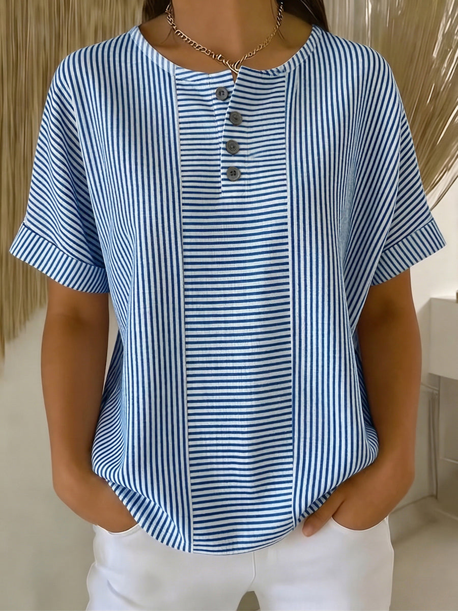 Ilenia - Blusa de Manga Corta a Rayas Con Botones en la Parte Delantera