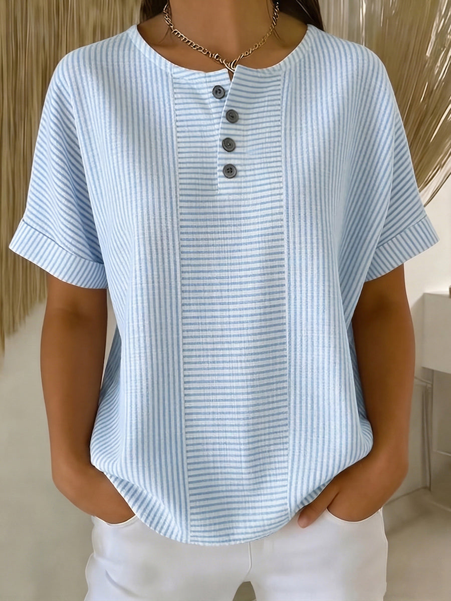 Ilenia - Blusa de Manga Corta a Rayas Con Botones en la Parte Delantera