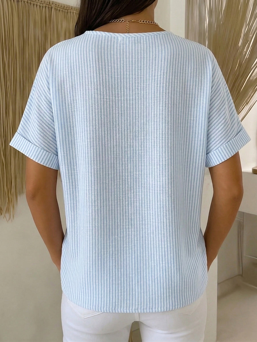 Ilenia - Blusa de Manga Corta a Rayas Con Botones en la Parte Delantera