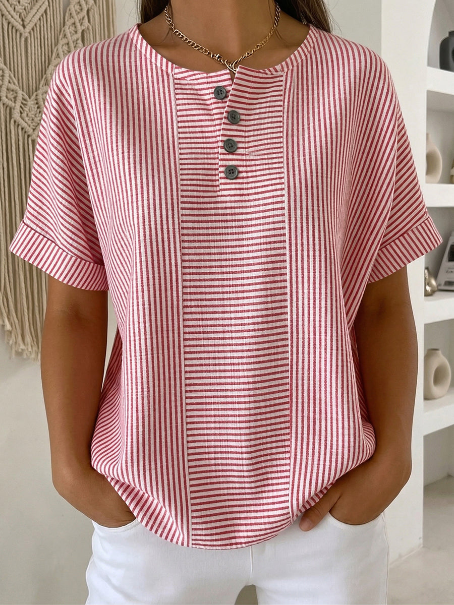 Ilenia - Blusa de Manga Corta a Rayas Con Botones en la Parte Delantera