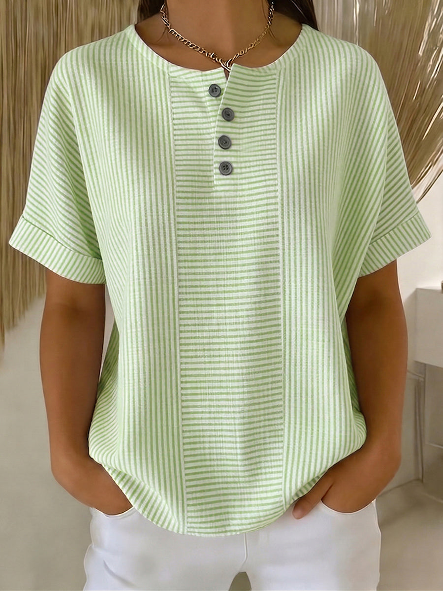 Ilenia - Blusa de Manga Corta a Rayas Con Botones en la Parte Delantera