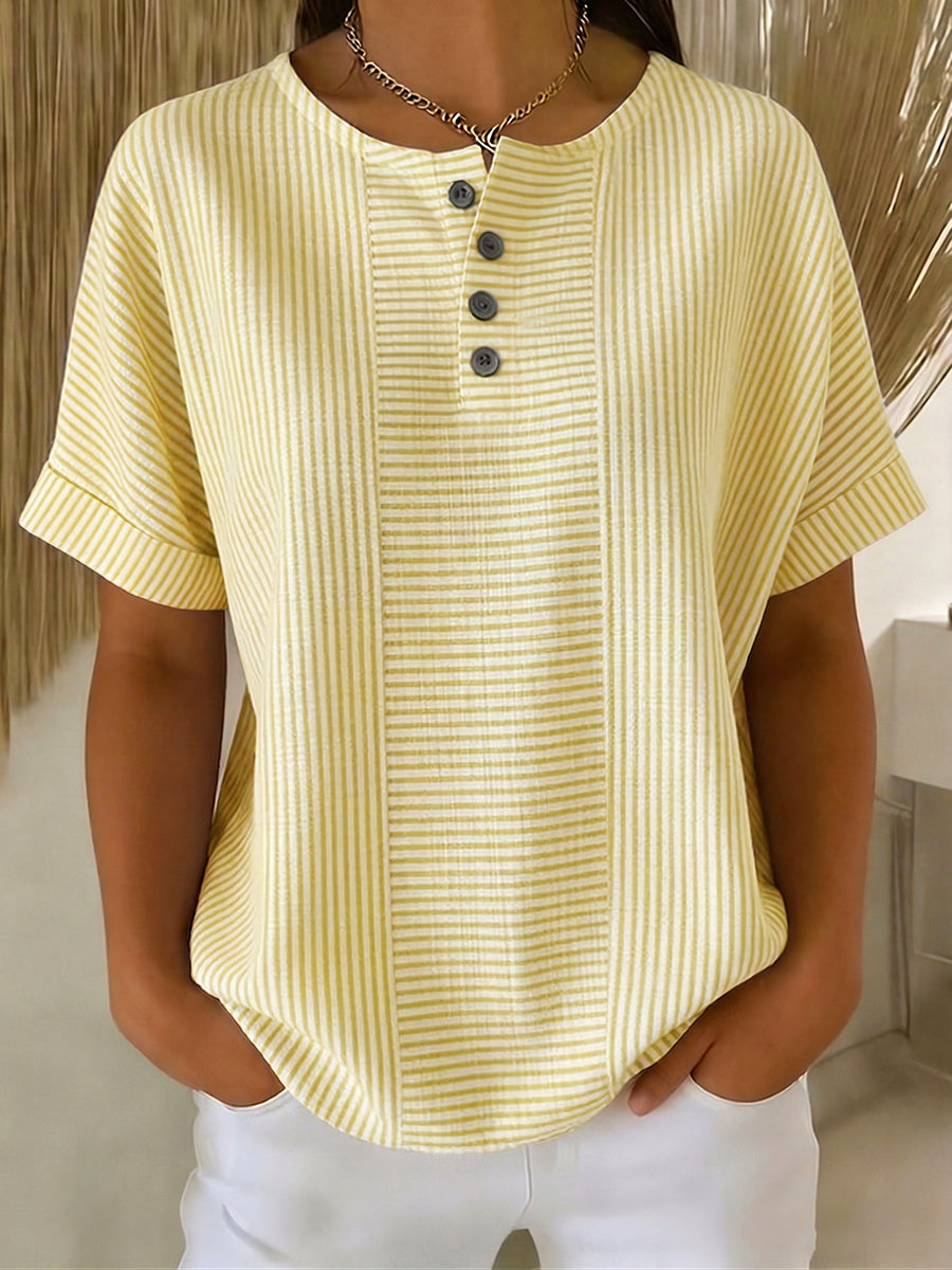 Ilenia - Blusa de Manga Corta a Rayas Con Botones en la Parte Delantera