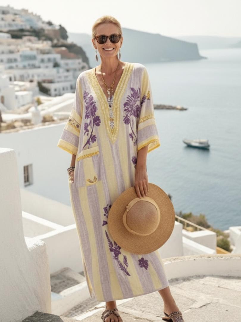 Feryana | Vestido Kaftán Largo con Cuello en V y Estampado Floral