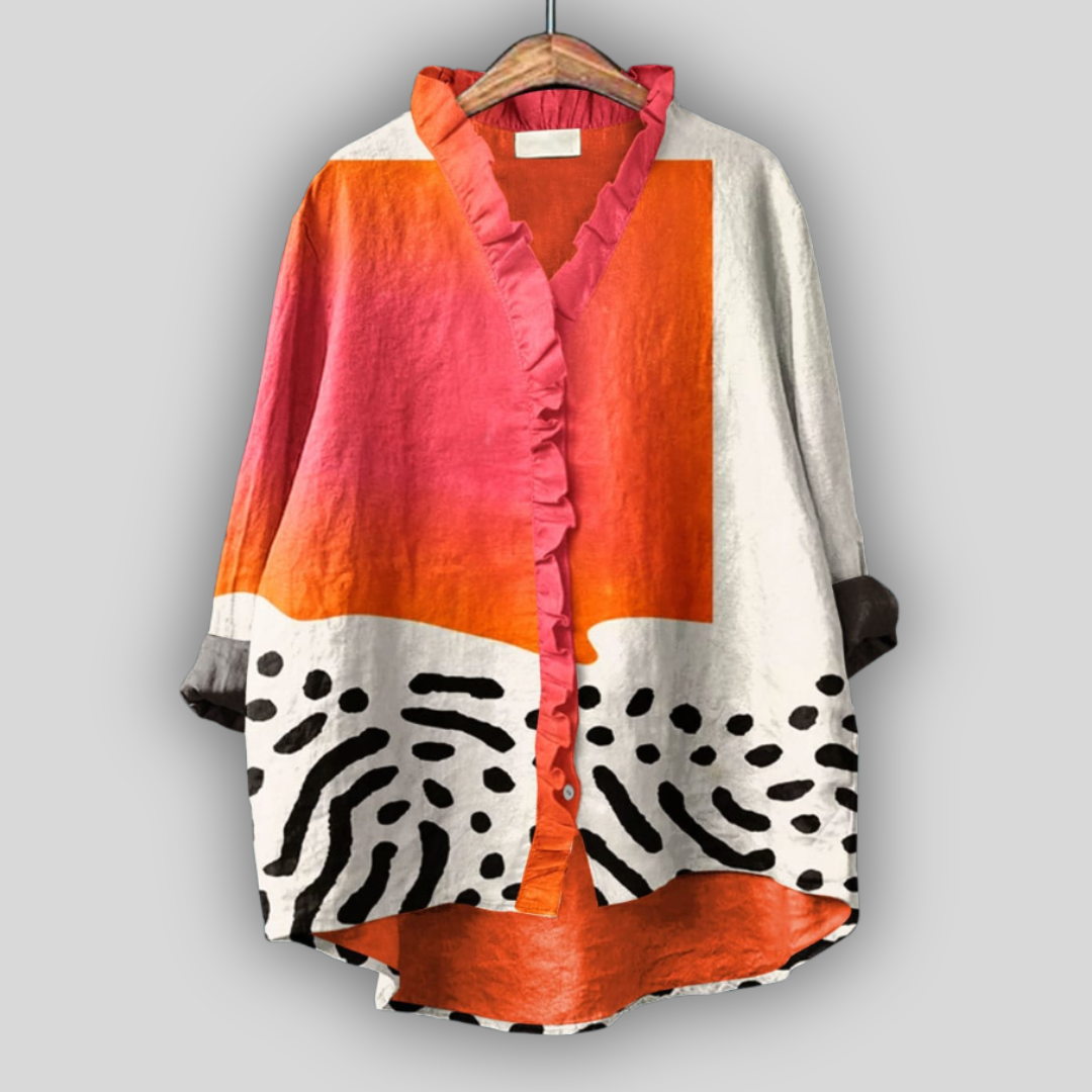 Calysta - Blusa Con Cuello en V y Volantes con Estampado Abstracto
