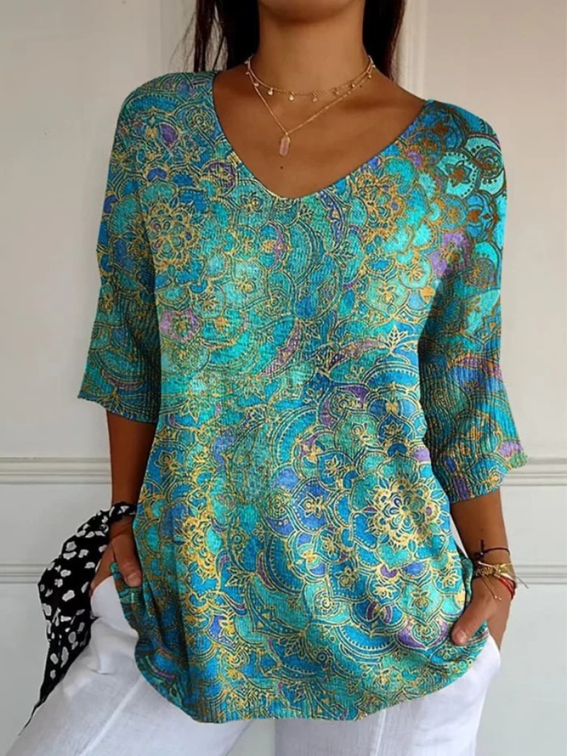 Rezilia | Blusa De Mujer Con Estampado Floral en Verde Azulado Y Cuello en V