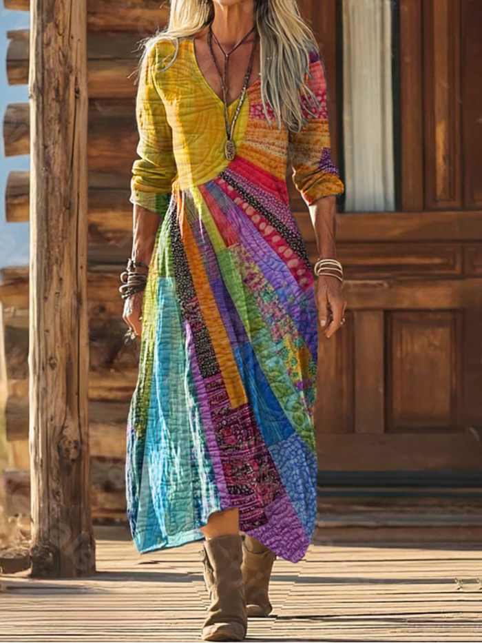 Rashmika | Vestido largo de manga Larga con Cuello en V y Diseño Patchwork