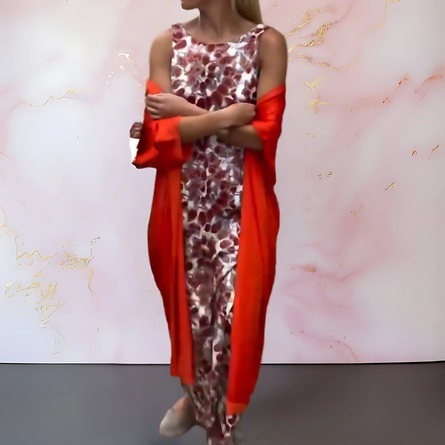 Shelly - Conjunto de Vestido Largo Sin Mangas Estampado y Cárdigan
