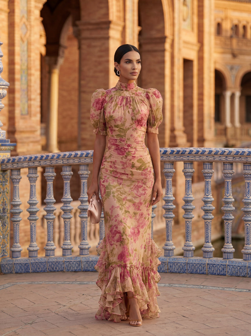 Rimina - Vestido Midi Floral de Cuello Alto y Mangas Abullonadas Con Bajo Con Volantes