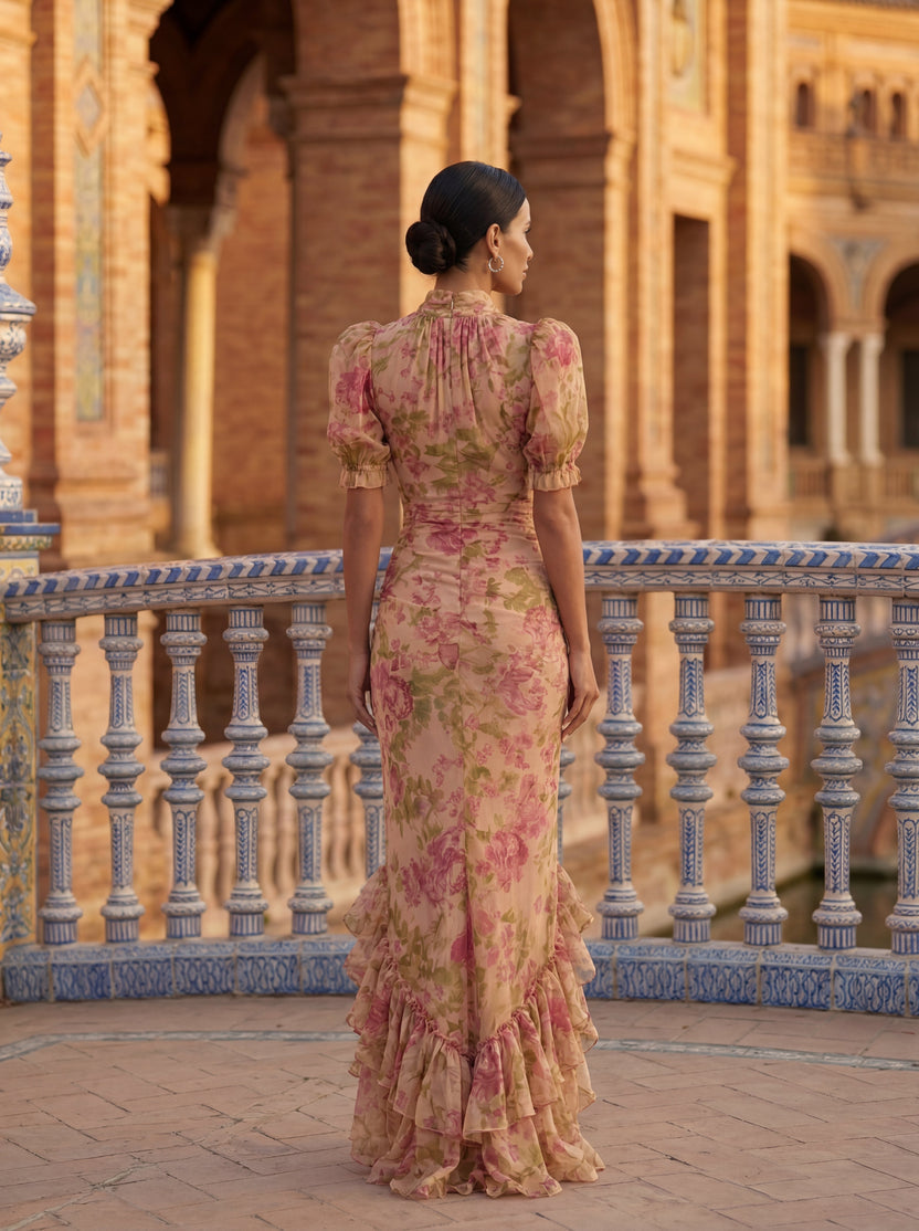 Rimina - Vestido Midi Floral de Cuello Alto y Mangas Abullonadas Con Bajo Con Volantes