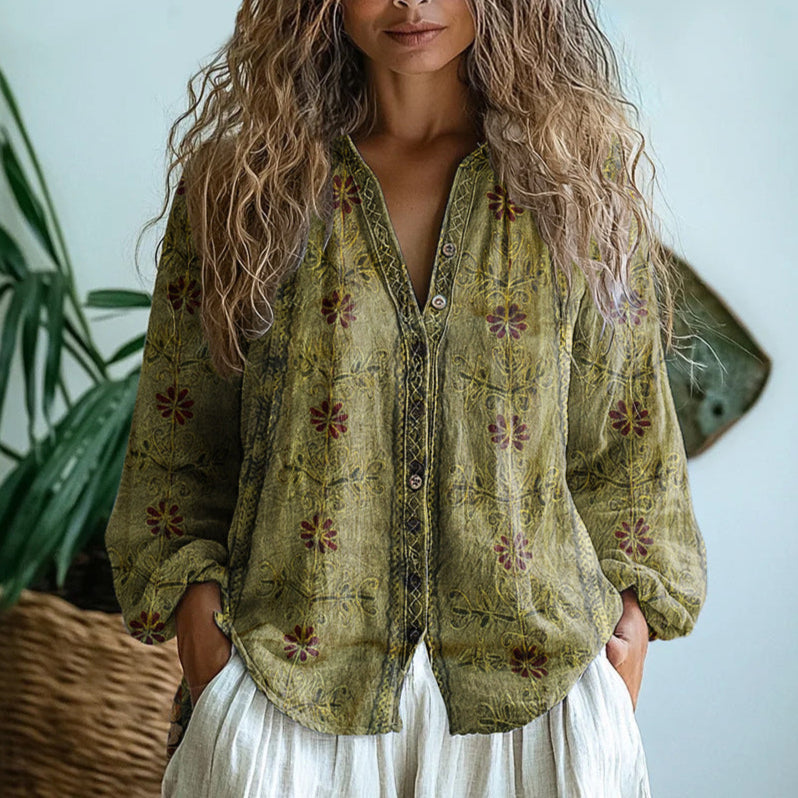 Ereinaa - Blusa de Manga Larga Con Estampado Floral yBbotones