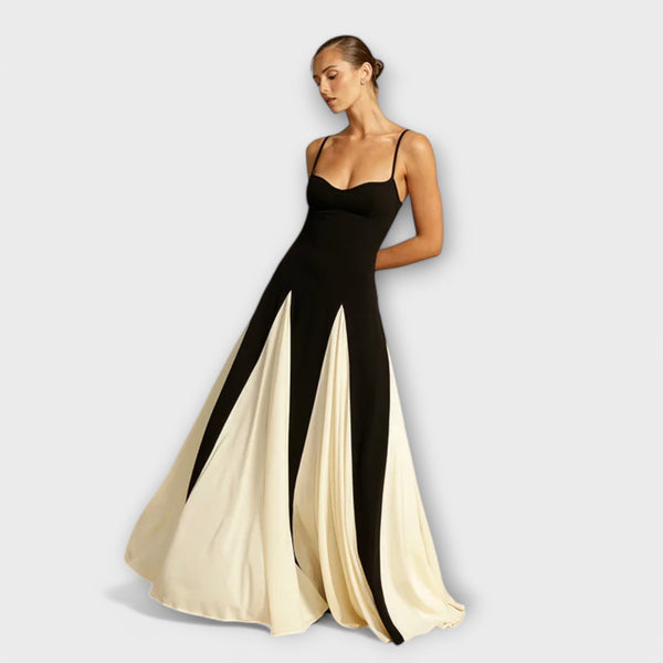 Kaethe - Vestido largo Negro con Tirantes y Paneles en Contraste