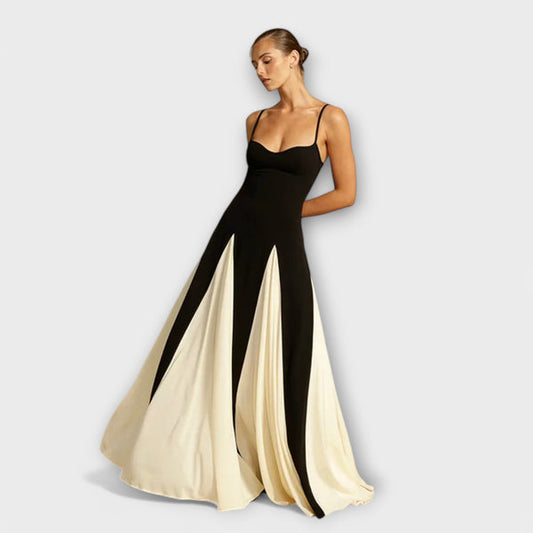 Kaethe - Vestido largo Negro con Tirantes y Paneles en Contraste