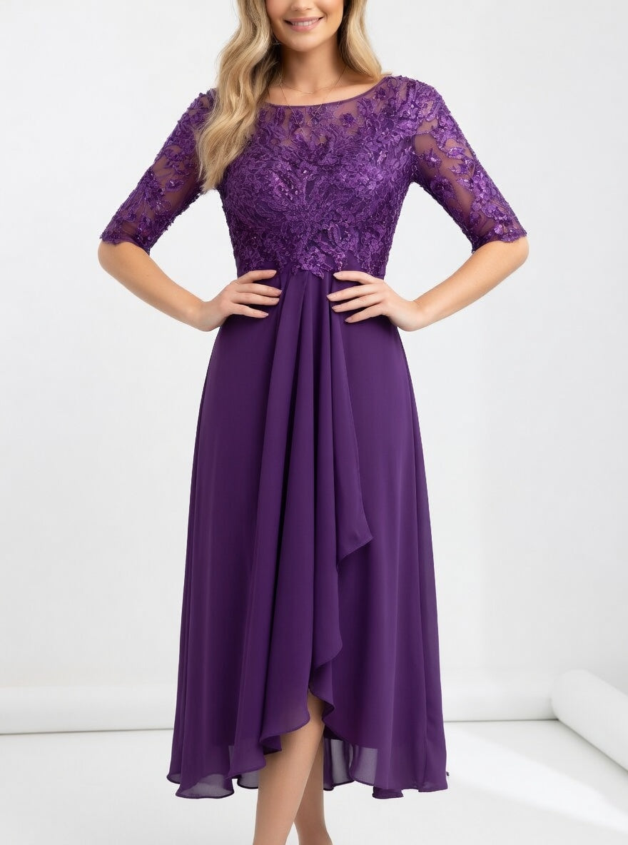 Zerda - Vestido Midi Con Corpiño de Encaje y Manga Media
