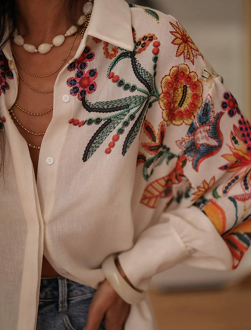 Mariluna | Camisa Floral Manga Larga Con Botones