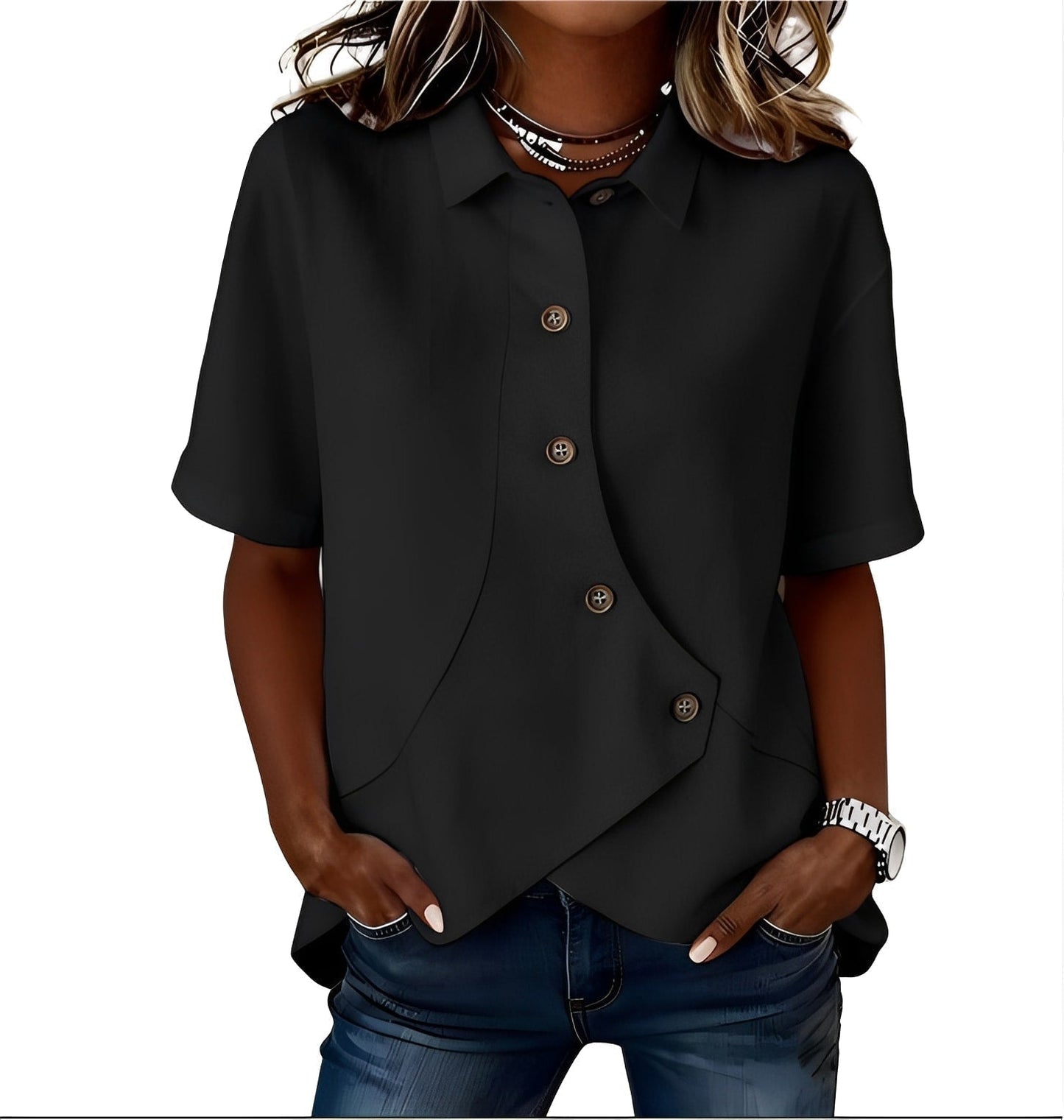 Thabata | Blusa De Manga Corta Con Botones Asimétricos