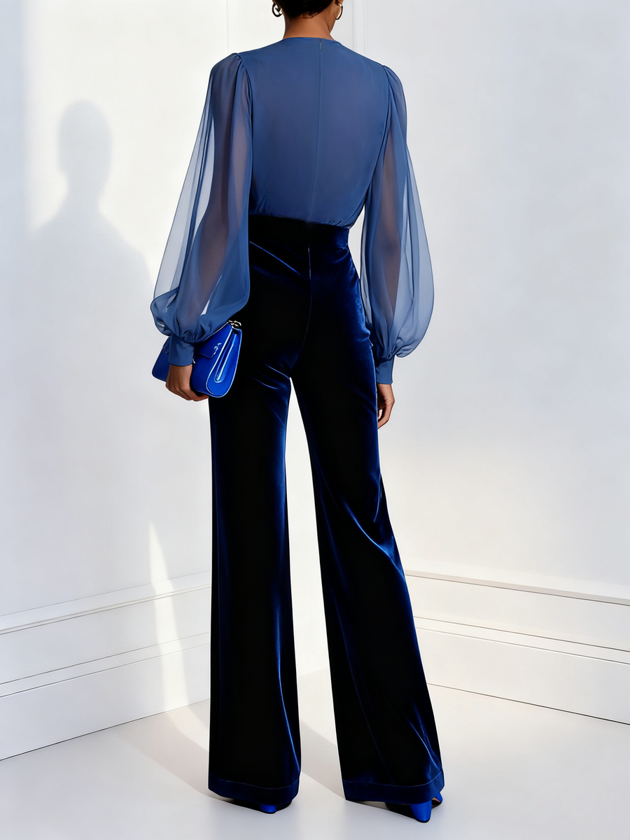 Parisa | Jumpsuit Terciopelo Azul Manga Larga
