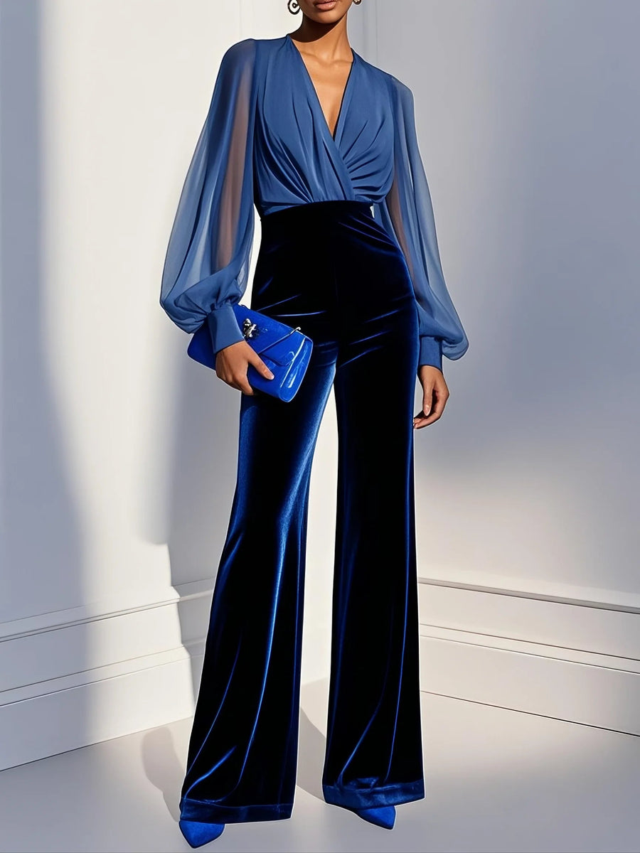 Parisa | Jumpsuit Terciopelo Azul Manga Larga