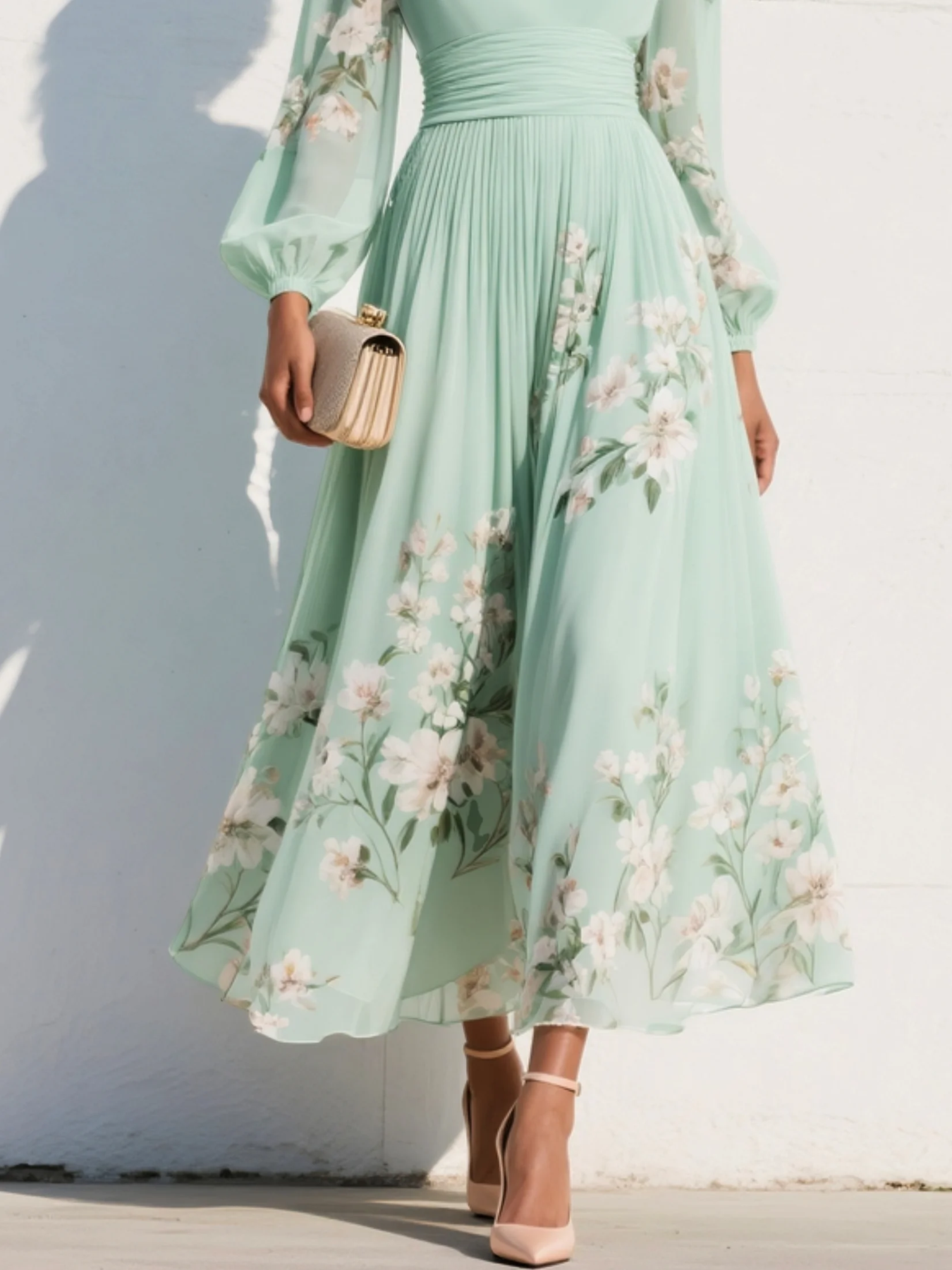 Evalyn - Vestido Largo de Manga Larga Con Pliegues y Estampado Floral