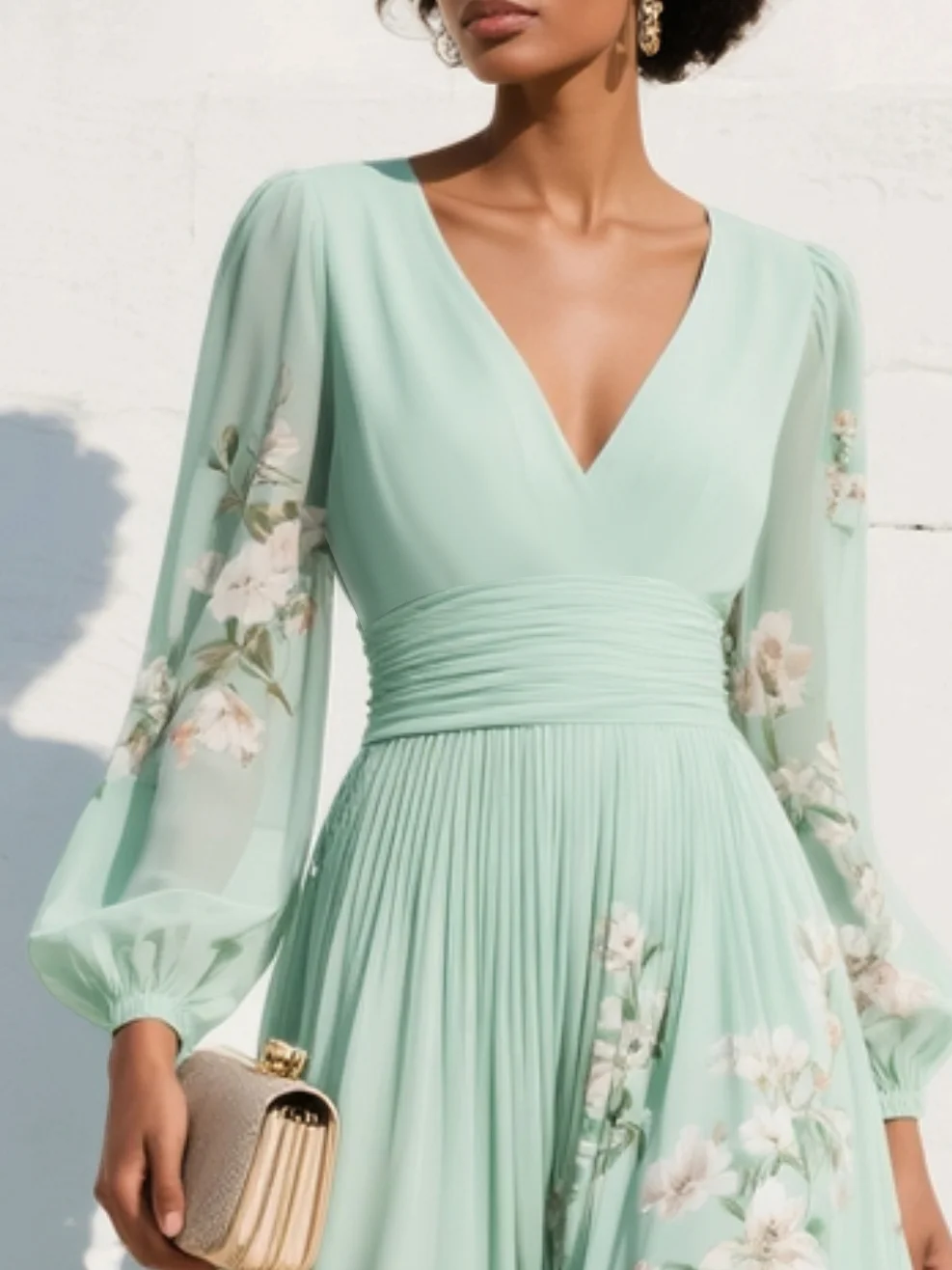 Evalyn - Vestido Largo de Manga Larga Con Pliegues y Estampado Floral