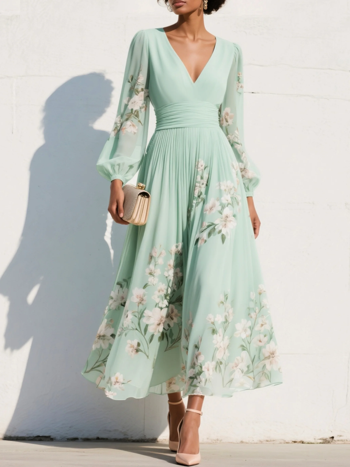 Evalyn - Vestido Largo de Manga Larga Con Pliegues y Estampado Floral