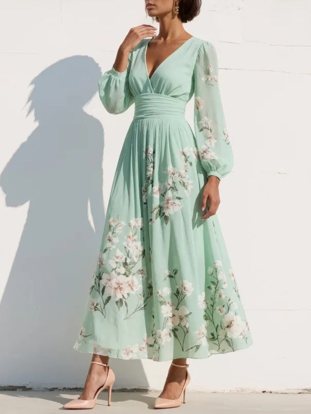 Evalyn - Vestido Largo de Manga Larga Con Pliegues y Estampado Floral