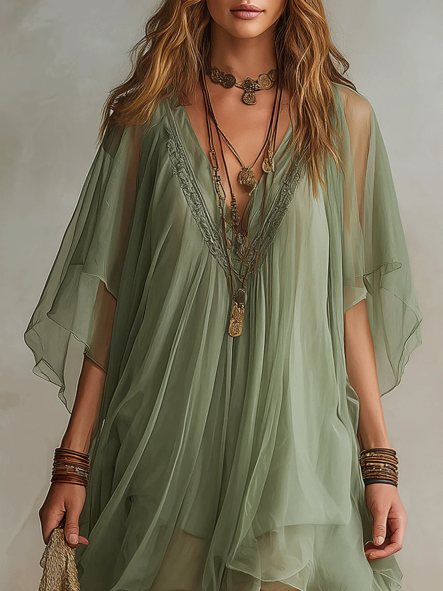 Sadet | Vestido Caftán De Gasa Verde Salvia Con Escote en V