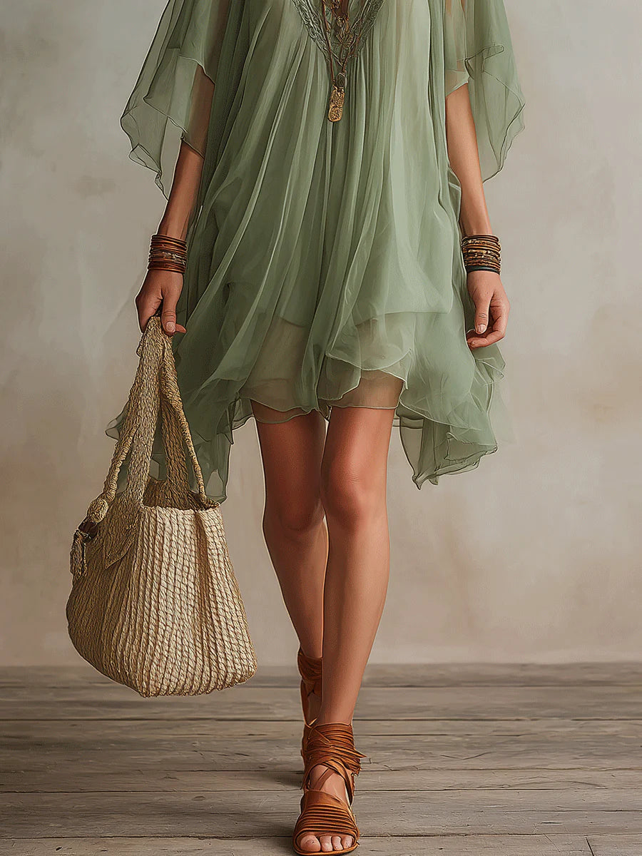 Sadet | Vestido Caftán De Gasa Verde Salvia Con Escote en V