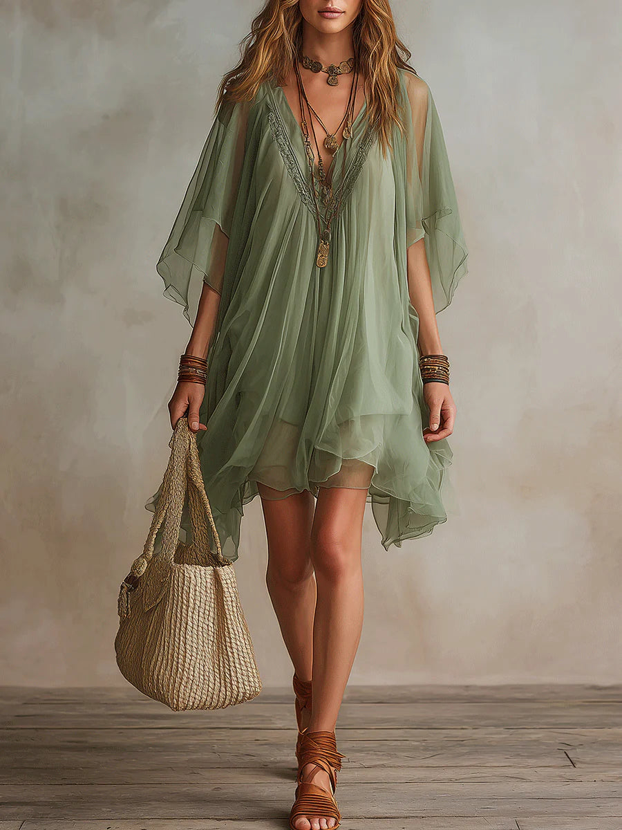 Sadet | Vestido Caftán De Gasa Verde Salvia Con Escote en V