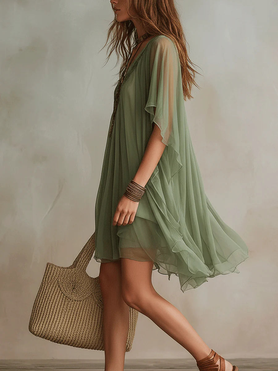 Sadet | Vestido Caftán De Gasa Verde Salvia Con Escote en V