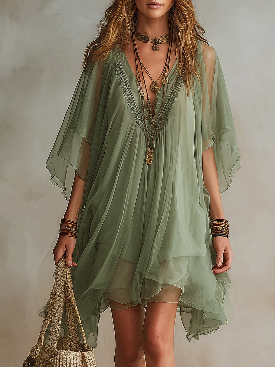 Sadet | Vestido Caftán De Gasa Verde Salvia Con Escote en V