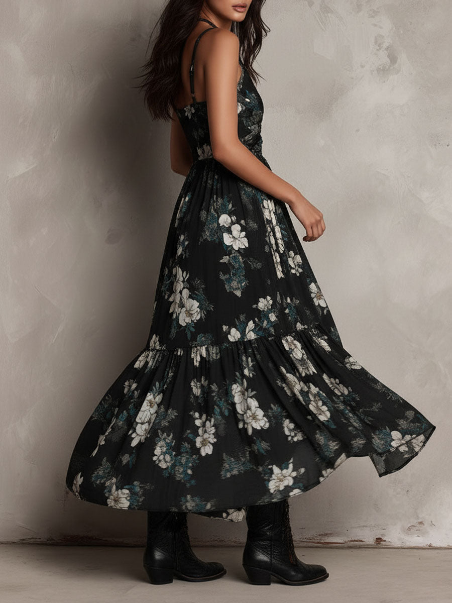 Meza | Vestido MIDI Asimétrico Con Cuello en V Y Estampado Floral
