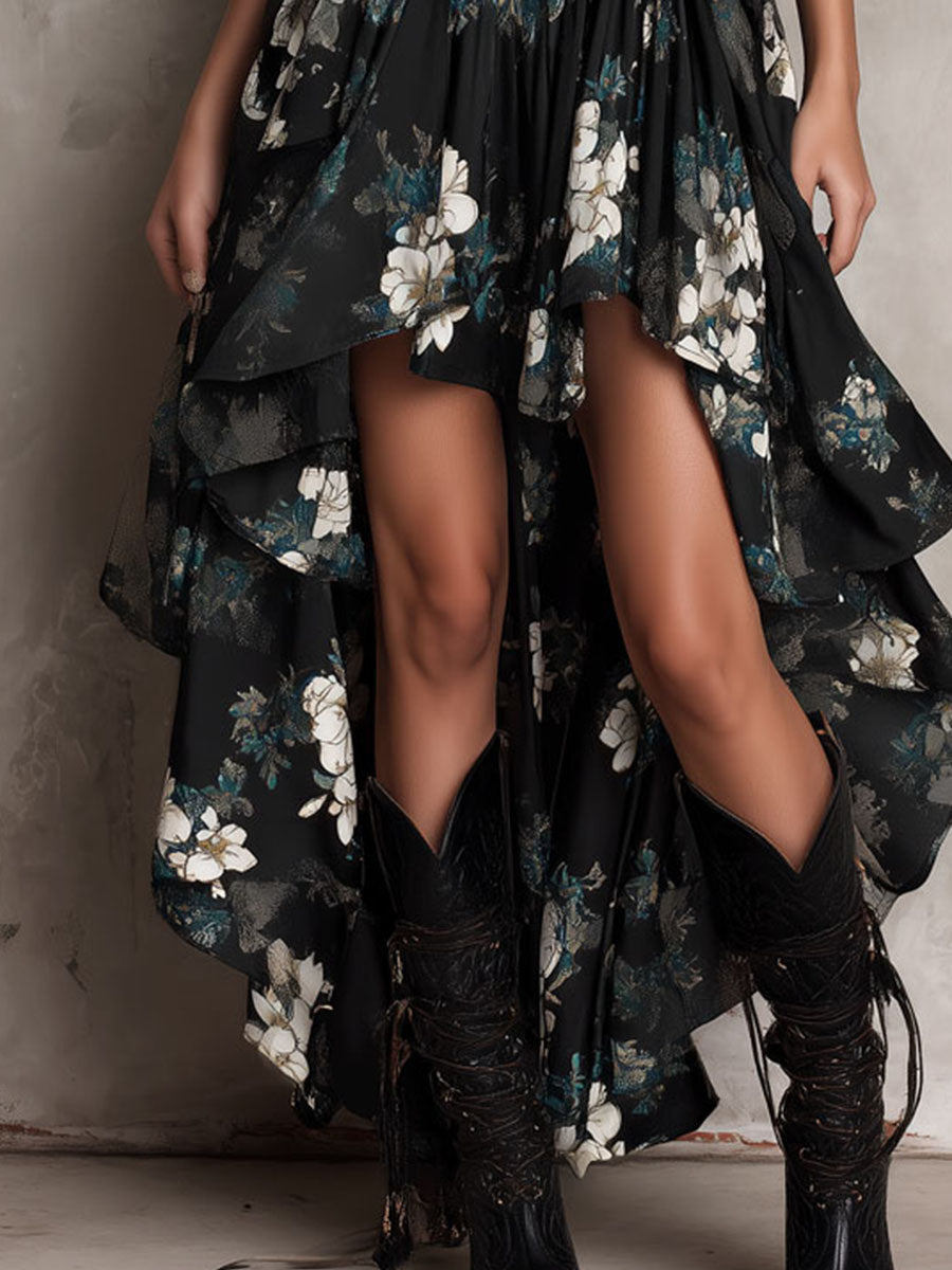 Meza | Vestido MIDI Asimétrico Con Cuello en V Y Estampado Floral