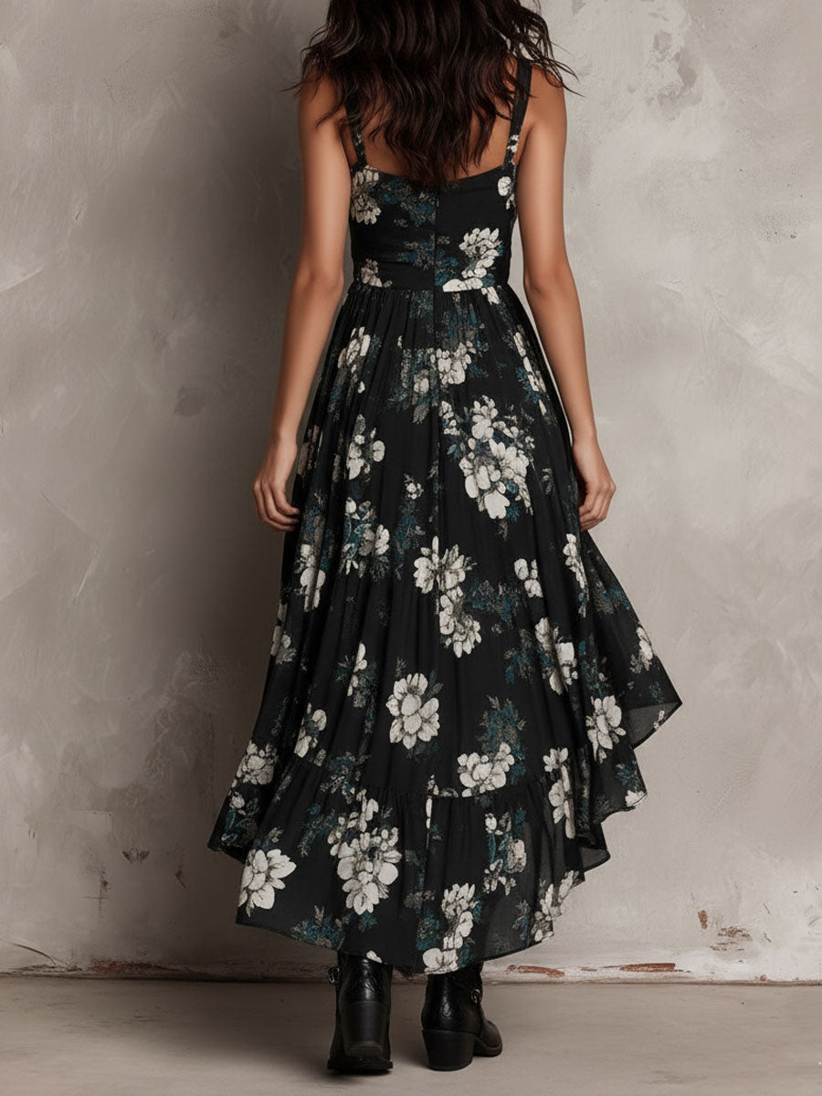 Meza | Vestido MIDI Asimétrico Con Cuello en V Y Estampado Floral