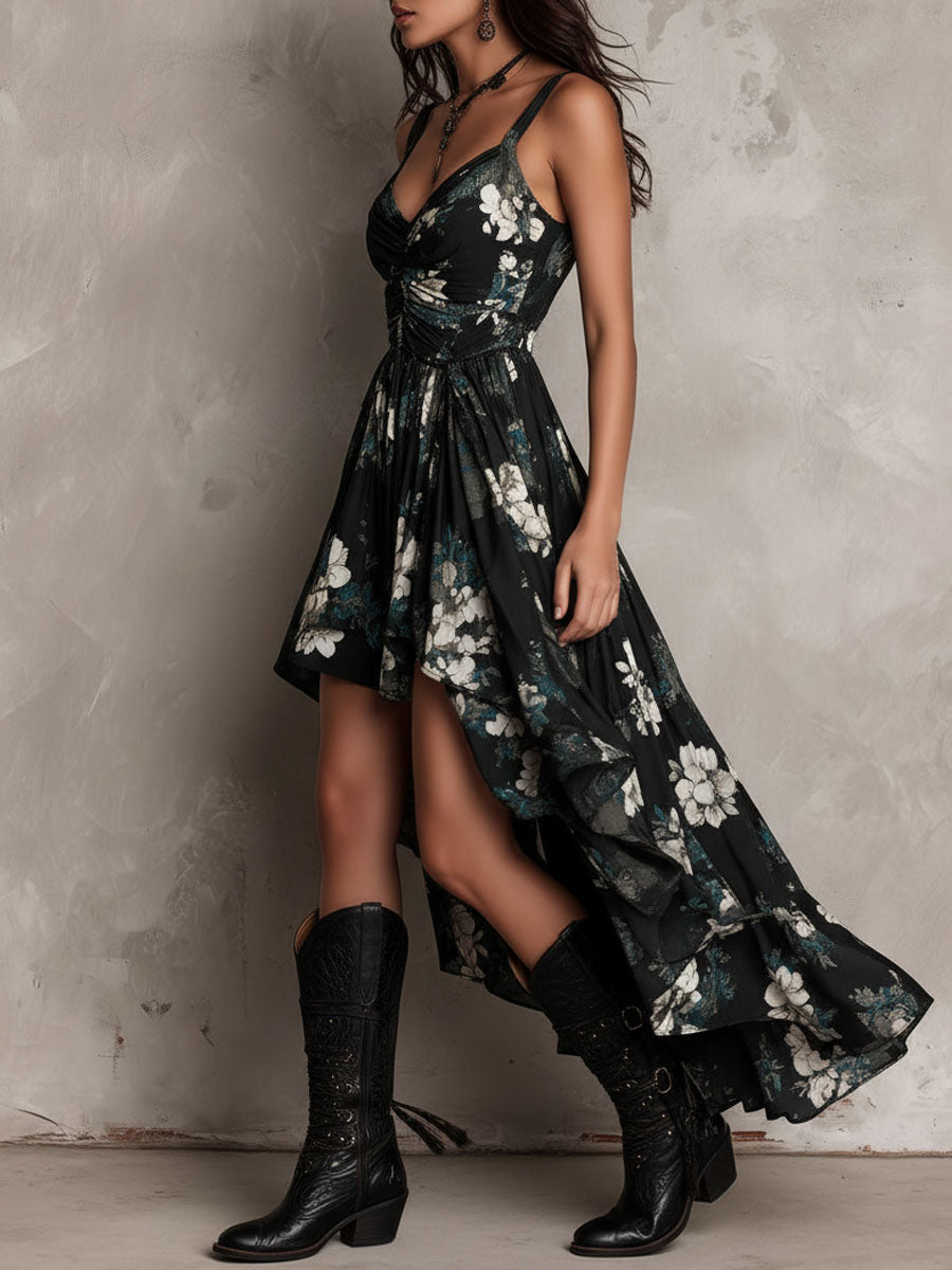 Meza | Vestido MIDI Asimétrico Con Cuello en V Y Estampado Floral