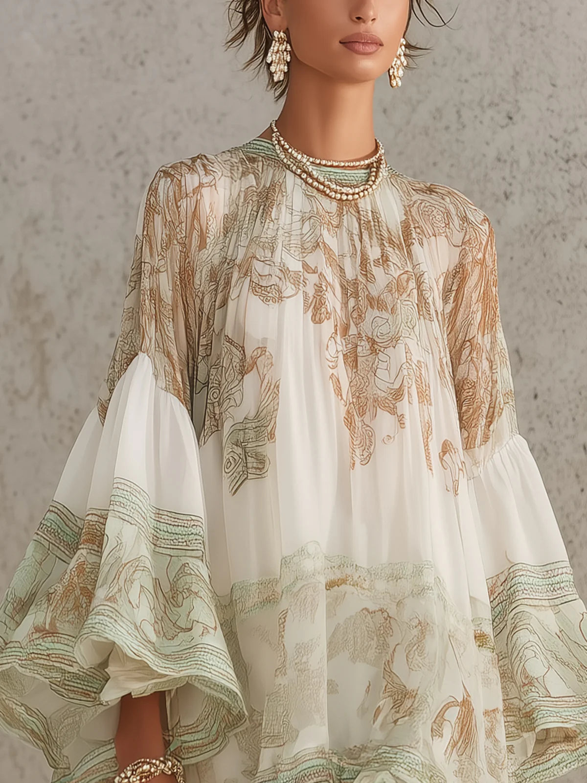 Reba | Vestido Fruncido De Cuello Alto Con Estampado Floral
