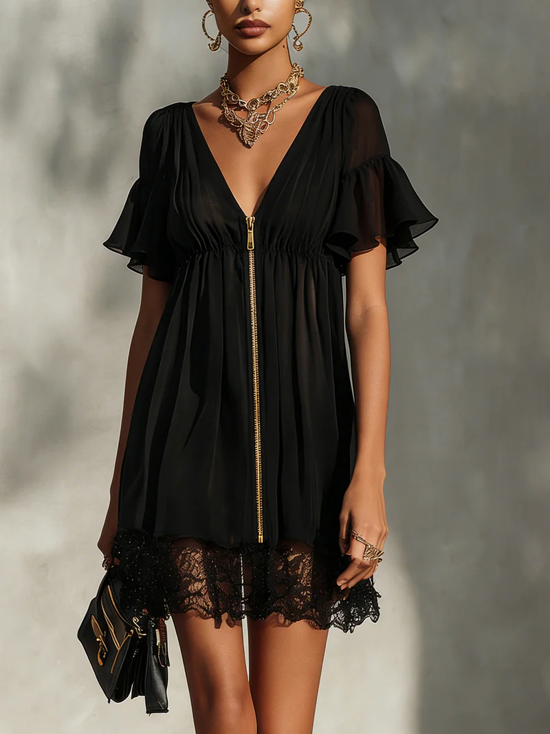 Sanya | Minivestido Negro Con Bajo de Encaje y Cremallera Frontal