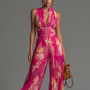 Sandria | Mono Floral Con Cuello Halter Y Pernera Ancha