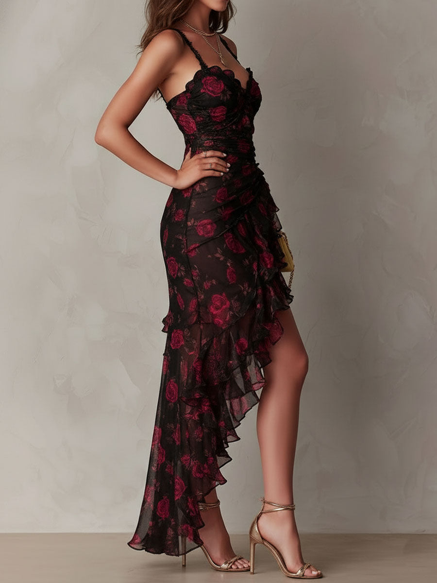 Deyna | Vestido Midi Floral Con Bajo Asimétrico