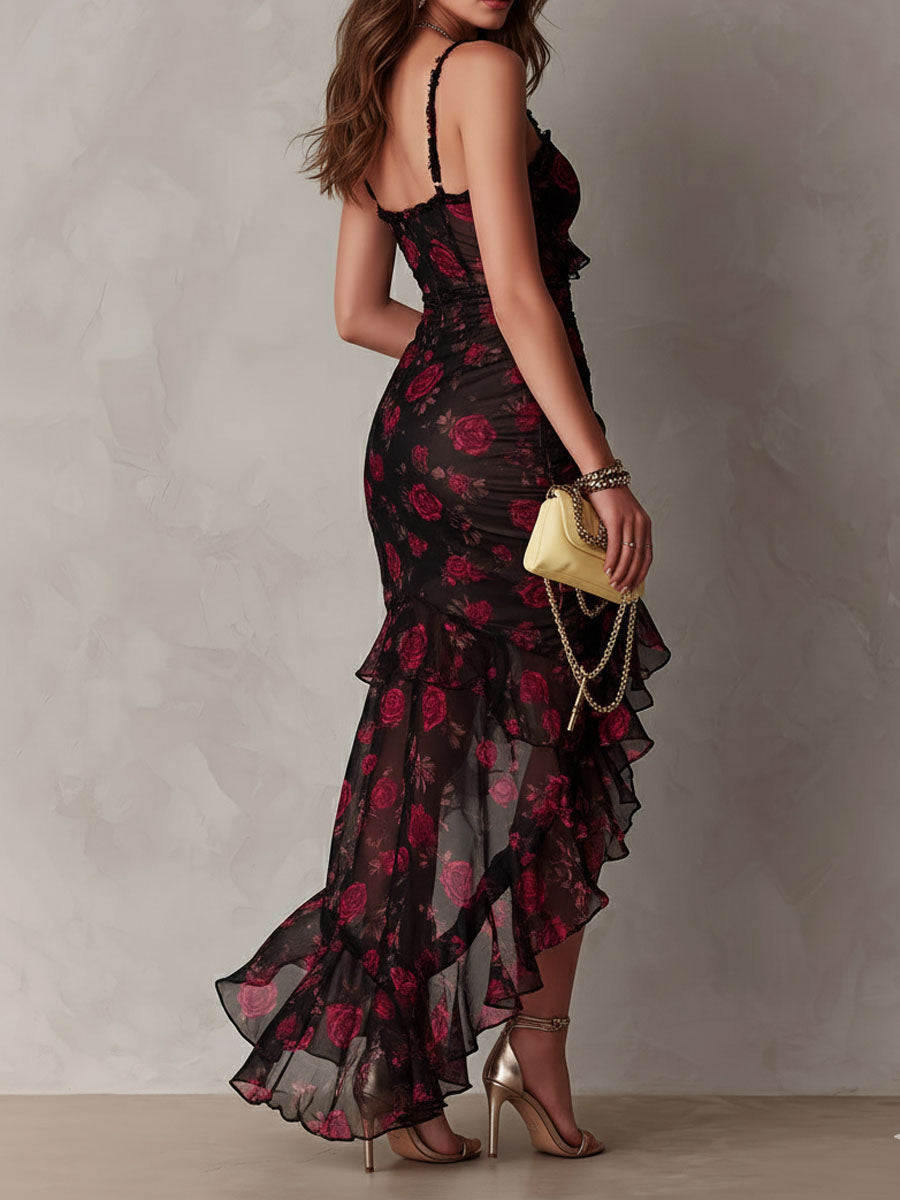 Deyna | Vestido Midi Floral Con Bajo Asimétrico