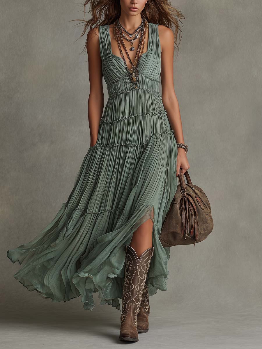 Sirikun | Vestido Largo Sin Mangas Plisado en Verde Salvia