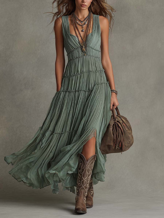 Sirikun | Vestido Largo Sin Mangas Plisado en Verde Salvia