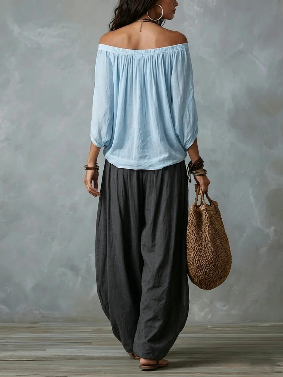 Joryna | Conjunto de Top Asimétrico Con Hombros al Aire y Pantalones Palazzo