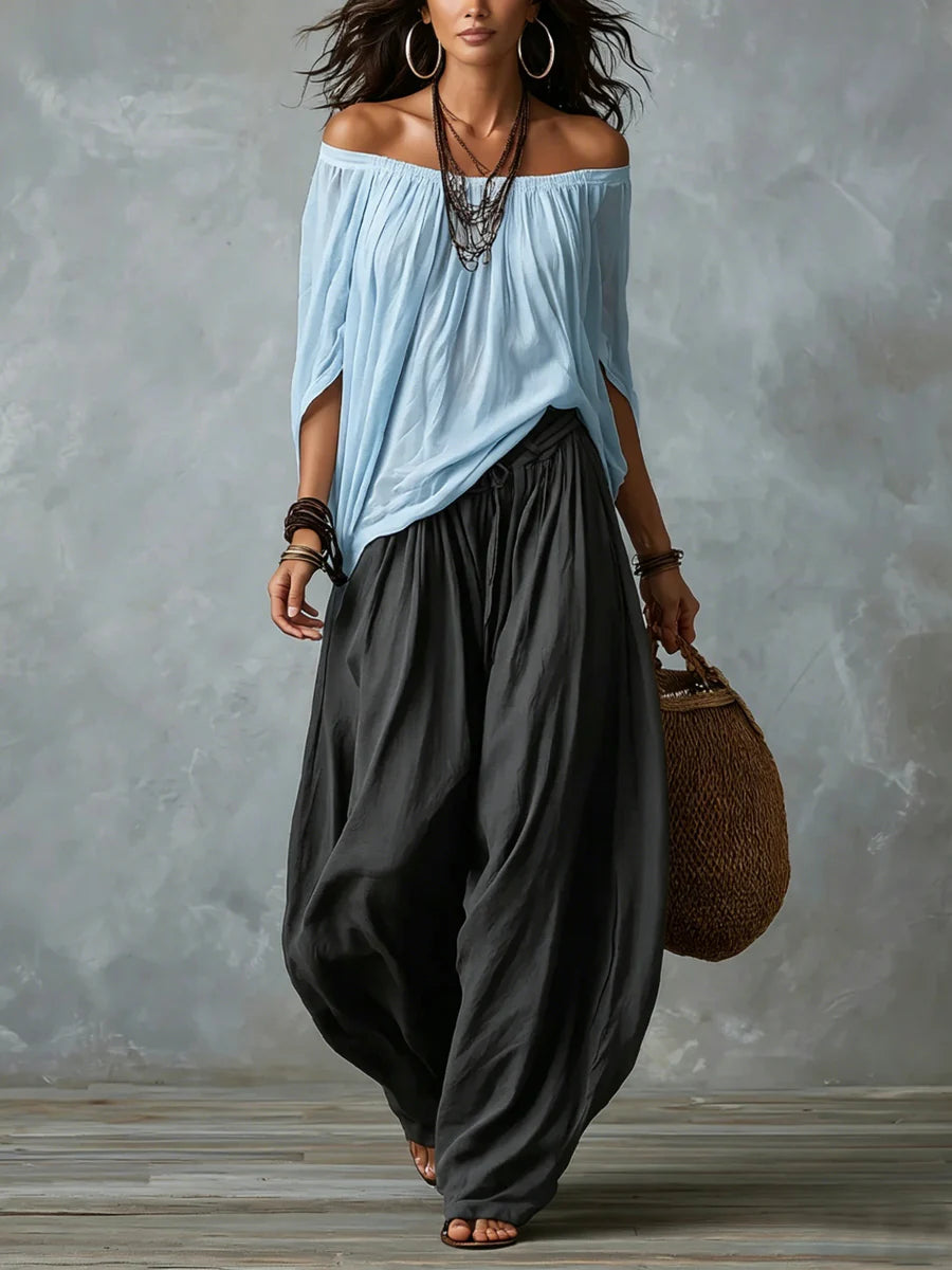 Joryna | Conjunto de Top Asimétrico Con Hombros al Aire y Pantalones Palazzo