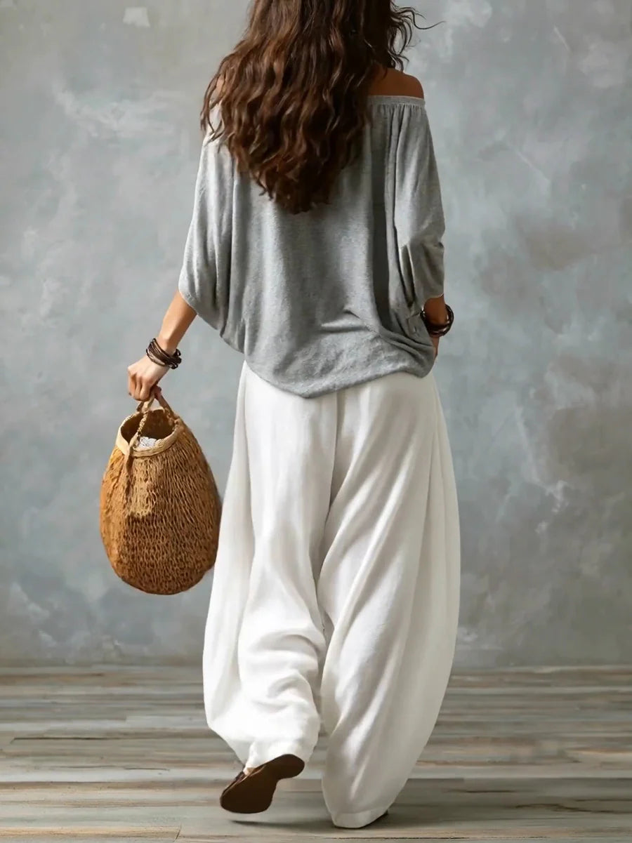 Joryna | Conjunto de Top Asimétrico Con Hombros al Aire y Pantalones Palazzo