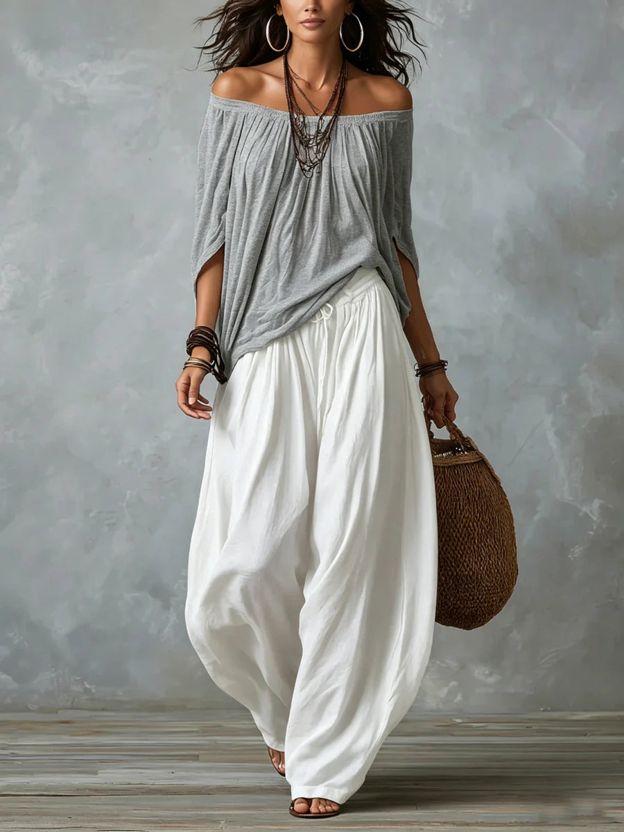 Joryna | Conjunto de Top Asimétrico Con Hombros al Aire y Pantalones Palazzo