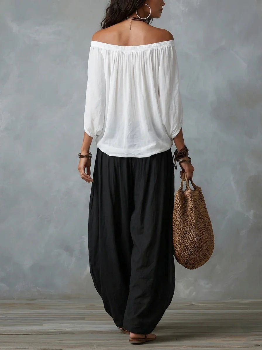 Joryna | Conjunto de Top Asimétrico Con Hombros al Aire y Pantalones Palazzo