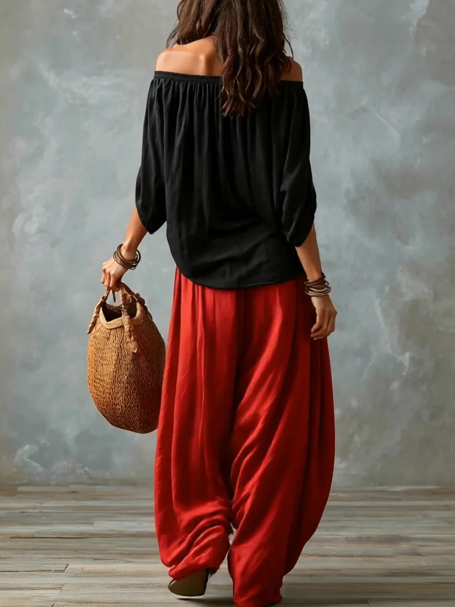 Joryna | Conjunto de Top Asimétrico Con Hombros al Aire y Pantalones Palazzo