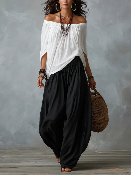 Joryna | Conjunto de Top Asimétrico Con Hombros al Aire y Pantalones Palazzo