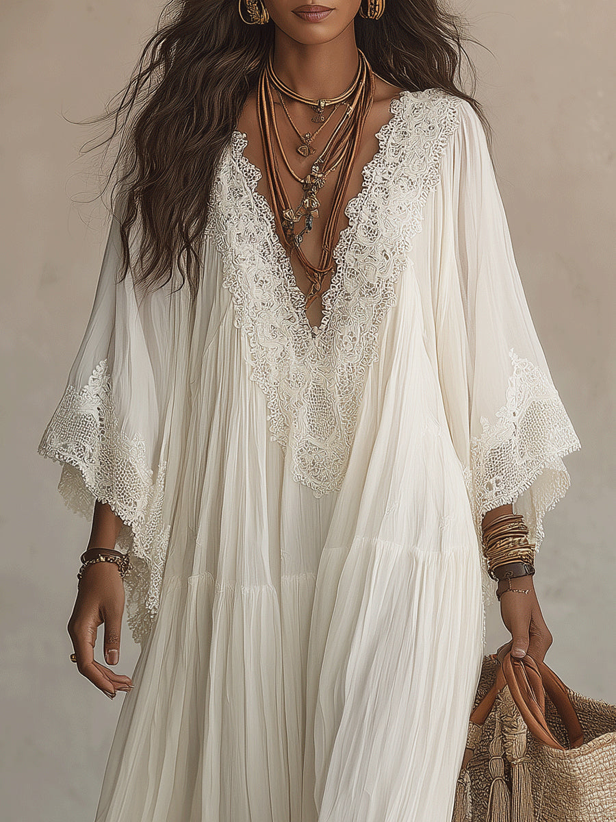 Shimmila | Vestido Largo Con Cuello en V Y Ribete De Encaje Blanco