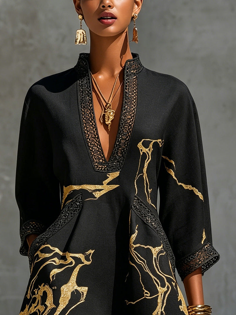 Arlinen | Vestido Mini Negro Con Estampado Y Cuello en V